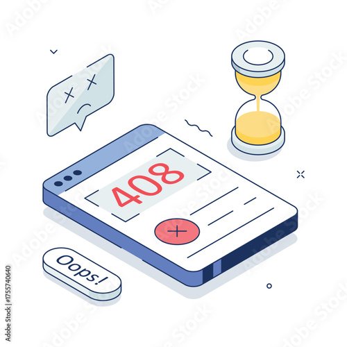 Modern isometric illustration of 408 request timeout web error with sad emoji and hourglass.
