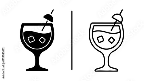 Cocktail glass icons with olive and straw with transparent background