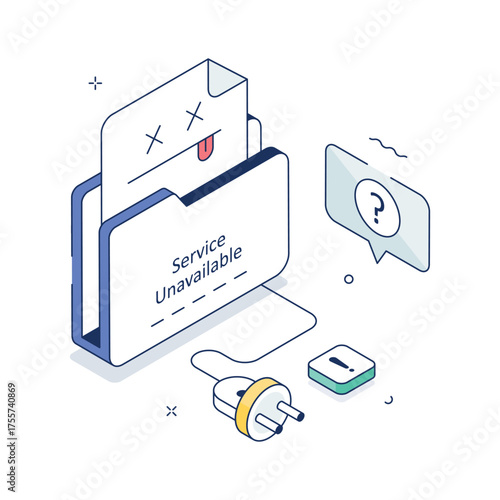 Isometric illustration of service unavailable error with unplugged cable and sad document