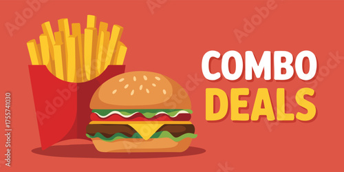 Cartoon burger and fries with COMBO DEALS text on a red background