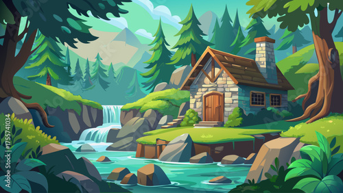 Stone cabin built near waterfall stream, surrounded by moss rocks, flowing water sparkles in sunlight, mist in air, vibrant green forest around