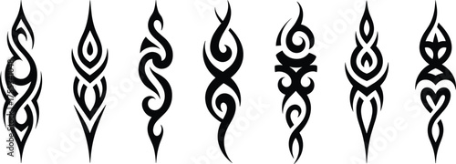 Set of seven bold black tribal tattoo designs featuring abstract curves, sharp edges, and flowing symmetrical patterns for body art