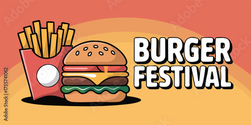 Cartoon Burger Festival graphic with burger fries and bold lettering on a layered peach and yellow background