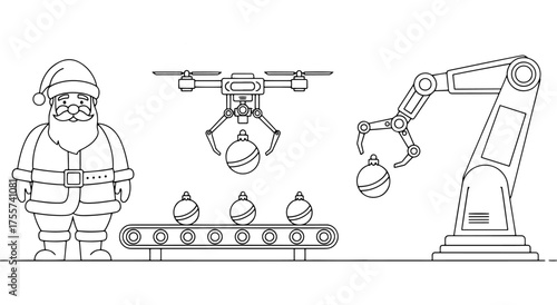 Automated process of making Christmas gifts. Santa Claus supervising the work of drones and robots, monochrome illustration based on the concept of automation technology during the holidays.