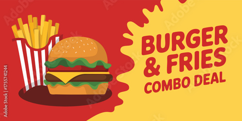 Cartoon image of a burger and fries combo with text saying Burger  Fries Combo Deal