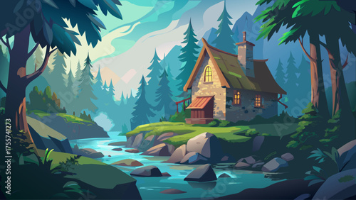 Stone cabin in foggy forest valley, trees fading in mist, small stream flowing nearby, soft light creating dreamy mysterious atmosphere