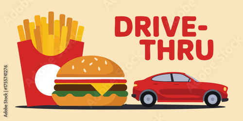 Cartoon illustration shows fast food burger fries red car and DRIVETHRU text on beige background