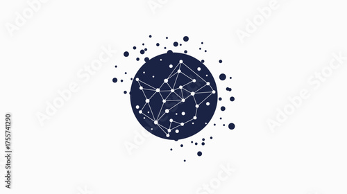 A dark blue sphere with a white network pattern and scattered dots