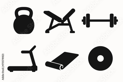 Silhouette icons of gym equipment including dumbbell and treadmill