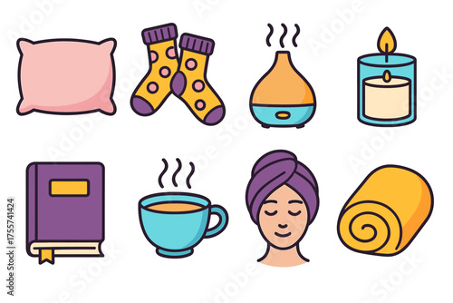 Cozy relaxation icons set featuring pillow, socks, candle, tea, book, aromatherapy, relaxed female