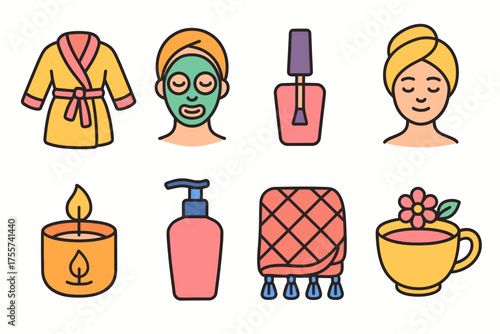 Spa and relaxation icons - bathrobe, face mask, nail polish, candle, lotion, towel, herbal tea
