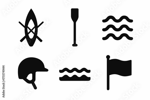 Water sports icons: kayak, paddle, waves, helmet, water, flag