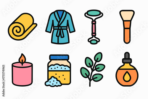 Spa and wellness icon set with candle, bathrobe, skincare tools, and aromatherapy
