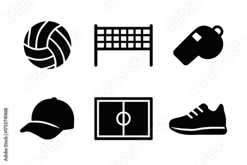 Volleyball icons: ball, net, whistle, cap, court, shoe silhouettes in black and white