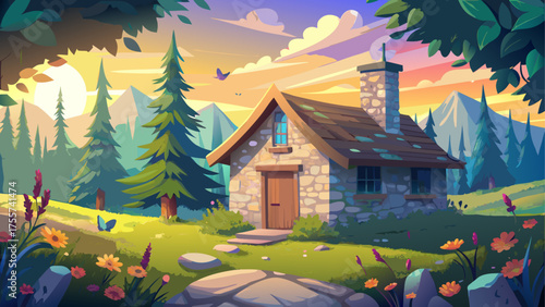 Stone cabin at the edge of pine forest and meadow, sunlight highlighting roof, flowers and butterflies around, perfect harmony of nature and peace