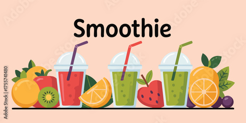Colorful illustration of smoothies with fruits and berries in front of a lightpeach background