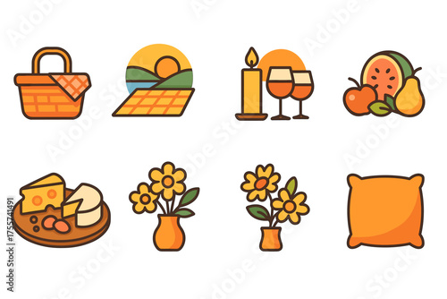 Picnic icons set: basket, food, wine, candle, cheese, flowers, pillow