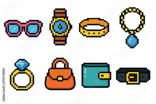 Colorful pixel art accessories collection: sunglasses, watches, jewelry, bags, wallets, belt