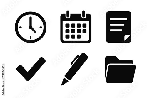 Clock calendar document checkmark pen folder icons for organization and time management