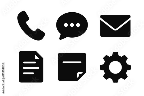 Communication and file management icons: phone, message, email, documents, note, settings