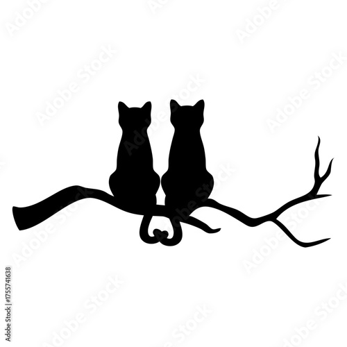 Logo con silueta de pareja de gatos sentados en una rama de árbol con los rabos unidos, para felicitaciones y tarjetas de Halloween