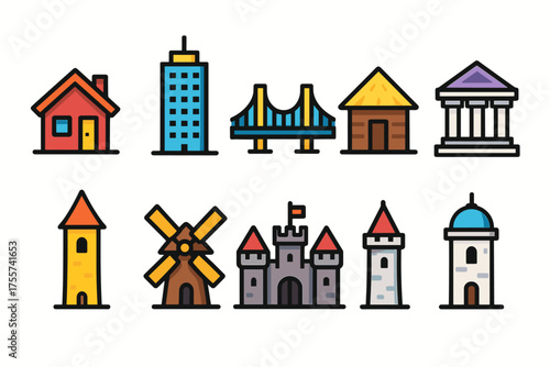 Colorful icons of diverse buildings and architectural structures