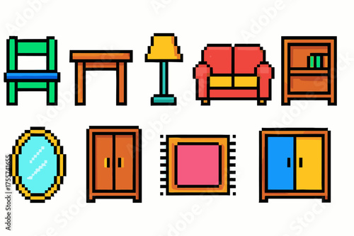 Colorful pixel art furniture collection including chair, table, lamp, sofa, bookshelf, mirror, cabinet, rug
