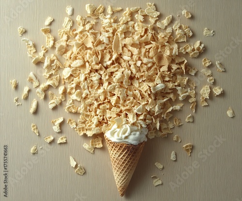 A waffle cone filled with vanilla ice cream, surrounded by scattered waffle cone crumbs on a neutral wooden background, creating an artistic and abstract composition resembling an explosion.