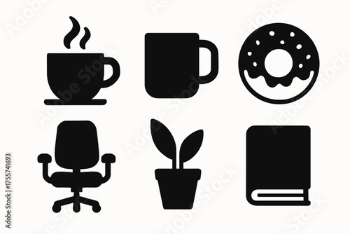 Set of office and coffee icons featuring mug, donut, chair, plant, and book