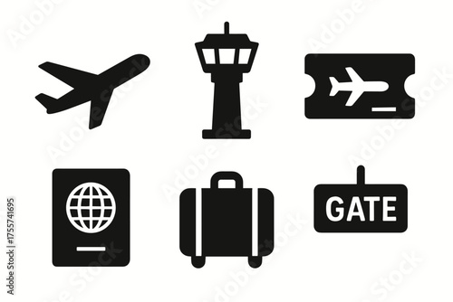 Airport travel icons: airplane, control tower, ticket, passport, luggage, gate sign