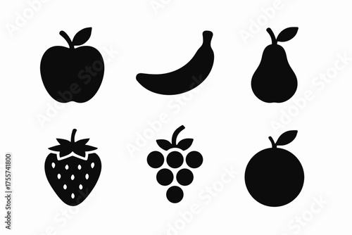 Black fruit icons set featuring apple, banana, pear, strawberry, grapes, and orange