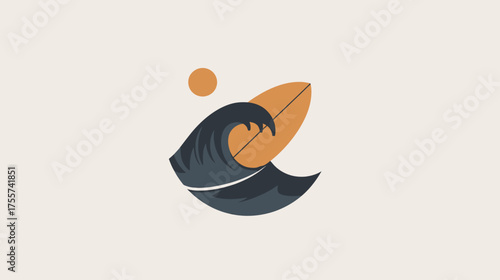 Stylized surfboard and wave illustration with a sun on a plain background