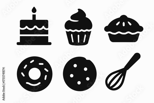 Silhouette icons of cake, cupcake, pie, donut, cookie, whisk