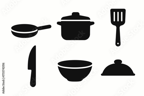 Black silhouette kitchen utensils set with pan, pot, knife, and spatula