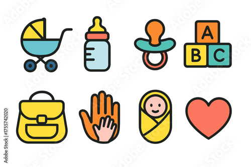 Colorful baby icons set featuring stroller, bottle, pacifier, blocks, bag, hands, swaddled infant, heart
