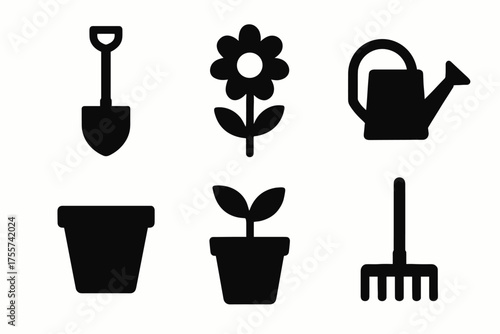 Black gardening icons: shovel, flower, watering can, pot, sprout, rake