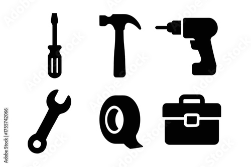 Silhouette icons: hammer, screwdriver, drill, wrench, tape, toolbox