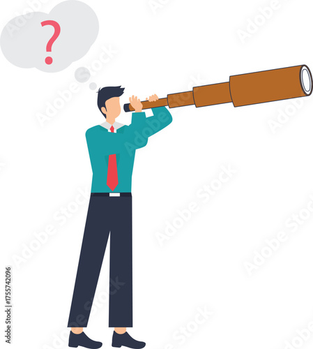 Confused businessman with telescope searches for answers and market opportunities with a question mark in thought bubble above him