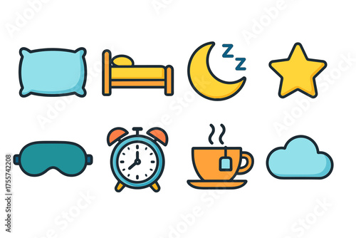 Sleep and relaxation icons: bed, pillow, moon, stars, tea, alarm clock, eye mask, cloud