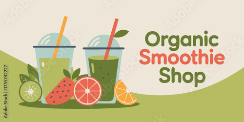 Illustration features two smoothies fruits and the text Organic Smoothie Shop against a tan background