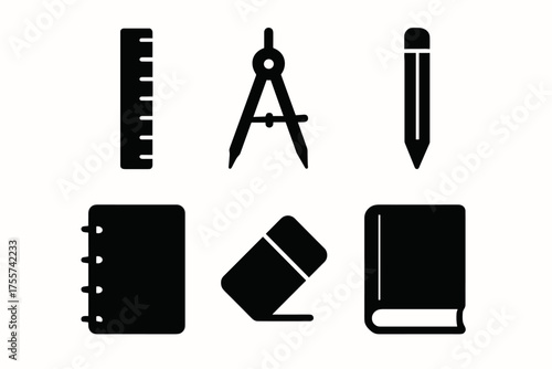 Collection of school supplies: ruler, compass, pencil, notebook, eraser, book icons