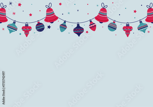 Bannière de guirlande de Noël – Illustration festive avec boules, cloches, étoiles et flocons pour les fêtes d’hiver