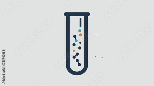 A stylized beaker contains various colored small circles and interconnected dots
