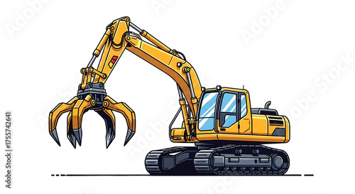 Illustration of yellow excavator with a grapple attachment, isolated on transparent background on transparent background