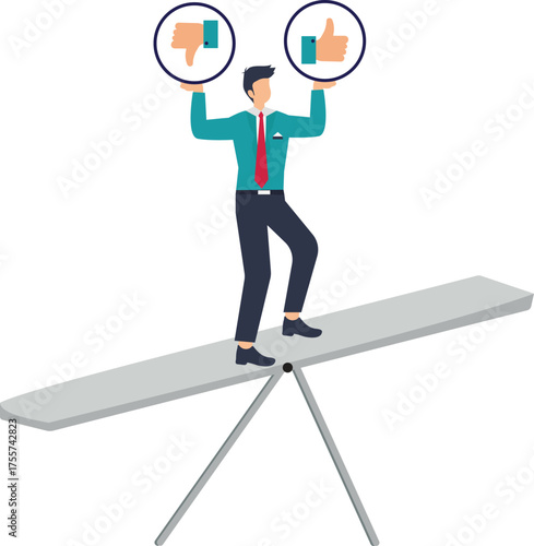 Business balance with feedback, finding equilibrium between positive and negative reviews for success on the tightrope of entrepreneurship