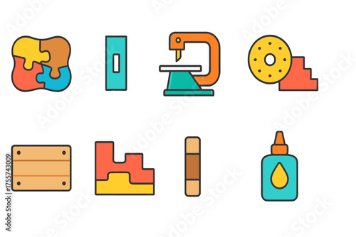 Set of colorful woodworking and craft tool icons for design projects