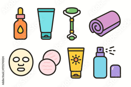 Colorful skincare and spa essentials: oils, masks, rollers, and creams