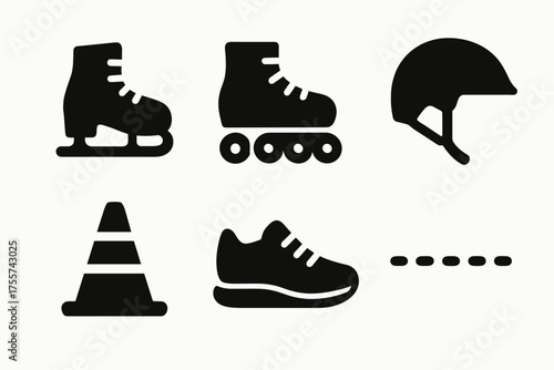 Silhouette icons of skating equipment: ice skates, rollerblades, helmet, cone, shoe, and dotted line