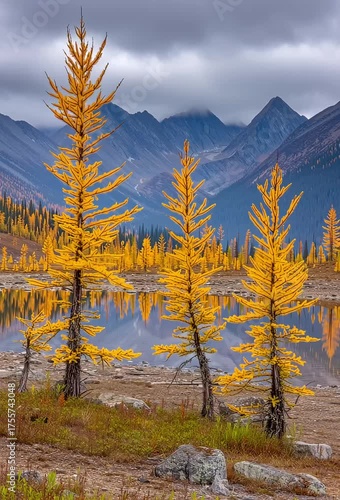 Three larch trees with yellow foliage reflected in mountain lake  