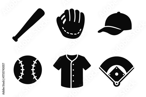 Baseball icons set: bat, glove, cap, ball, jersey, field